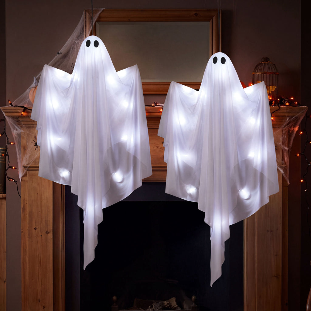 Joyfy 47" Halloween Hanging Light up Ghost Decorations Outdoor,White Ghosts with Blue LED Light and Timer Halloween Hanging Decoration Waterproof for Front Yard Patio Lawn