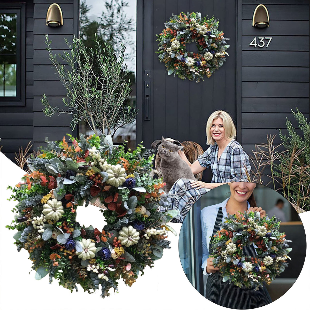 Decorative Wreath, Pumpkin Wreathfall Pumpkin Wreath, Year Round Wreath for Front Door, Artificial Wreath, Front Door Wreath, Family Farmhouse Decor and Spring Wreath, Easter Wreath