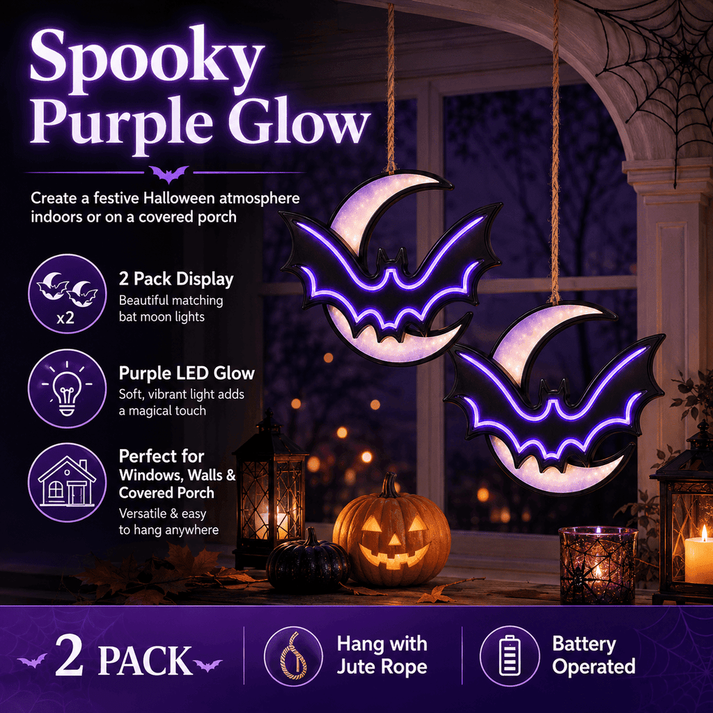 2 Pack Halloween Bat Moon Lights, Battery Operated Purple LED Hanging Decorations, Light Up Window Wall Decor for Indoor Covered Porch