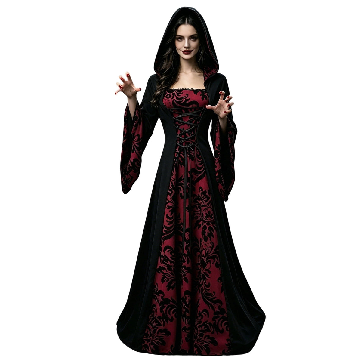 ZGRBOU Womens Vampire Witch Dress Halloween Cosplay Costumes Masquerade Hooded Gown Dress Medieval Gothic Dress Plus Size