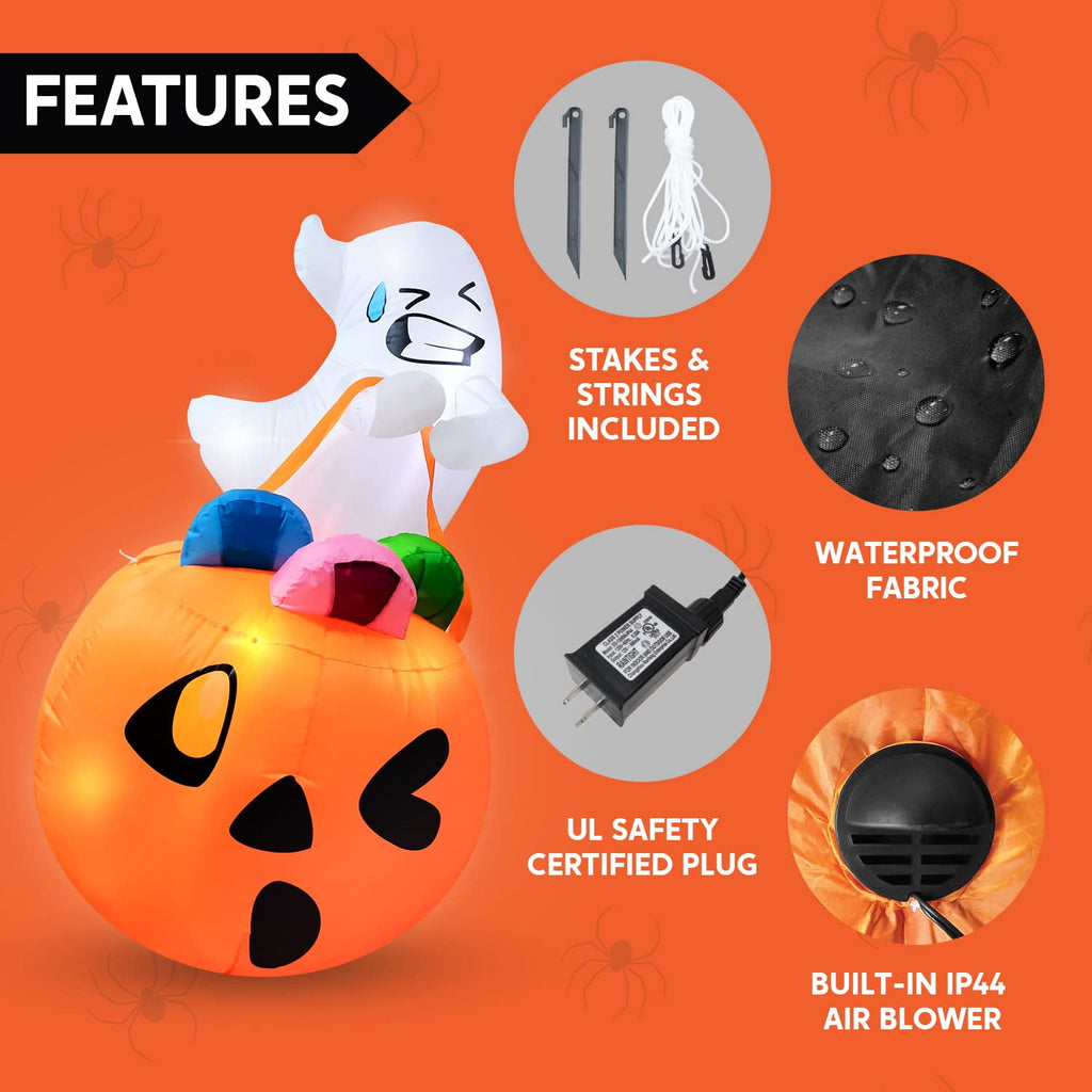 Joyfy 5ft Halloween Inflatables Light up Cute Ghost,Blow Up Ghost Lift Pumpkin Candy Bag with Build-in LEDs for Yard Decorations
