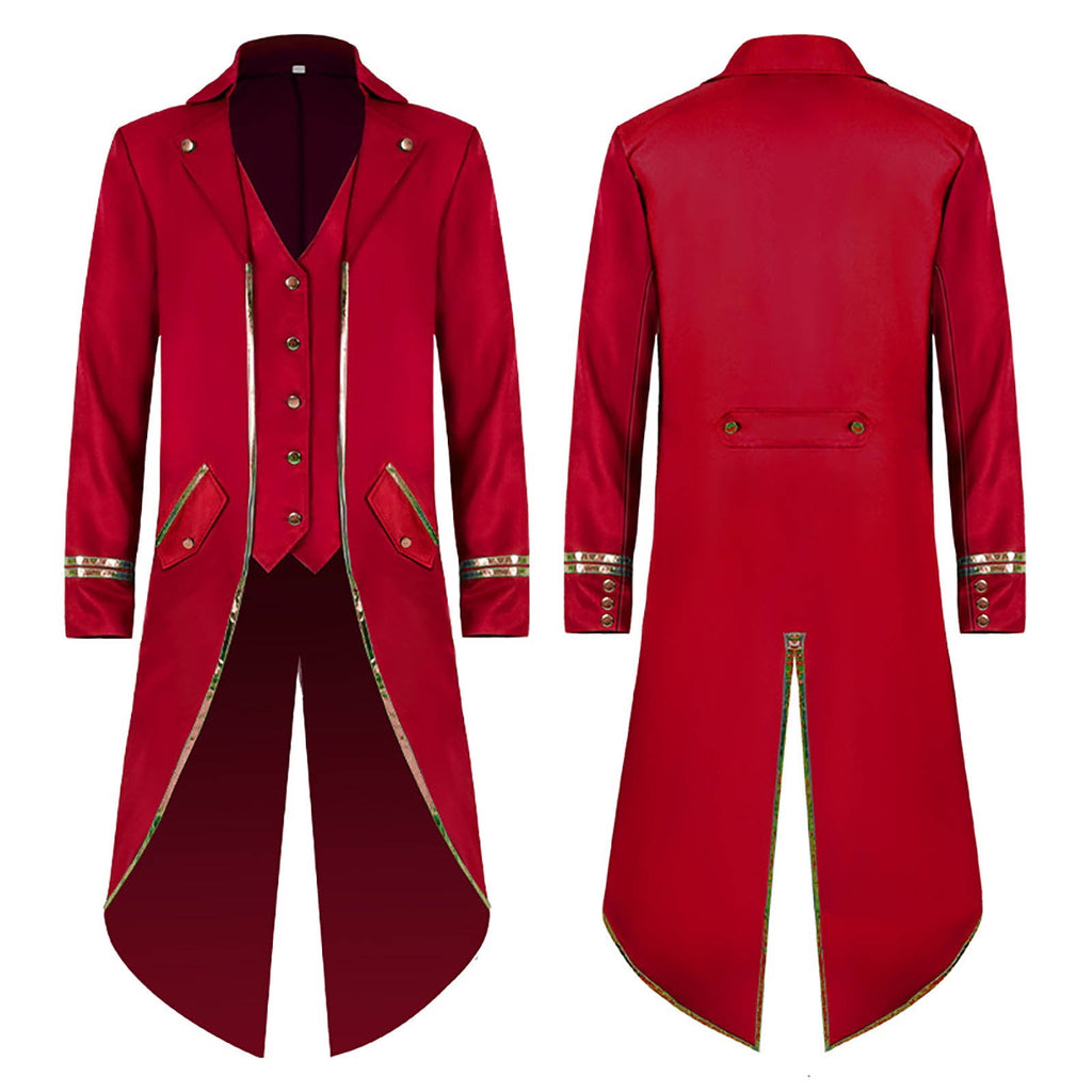KeShDi Tuxedo Medieval Vintage Steampunk Gold Trimmed Gothic Retro Punk Style Steampunk Tailcoat Renaissance Pirate Warlock Frock Coat Halloween Men Costume Mid Length Tuxedo Costume Red L