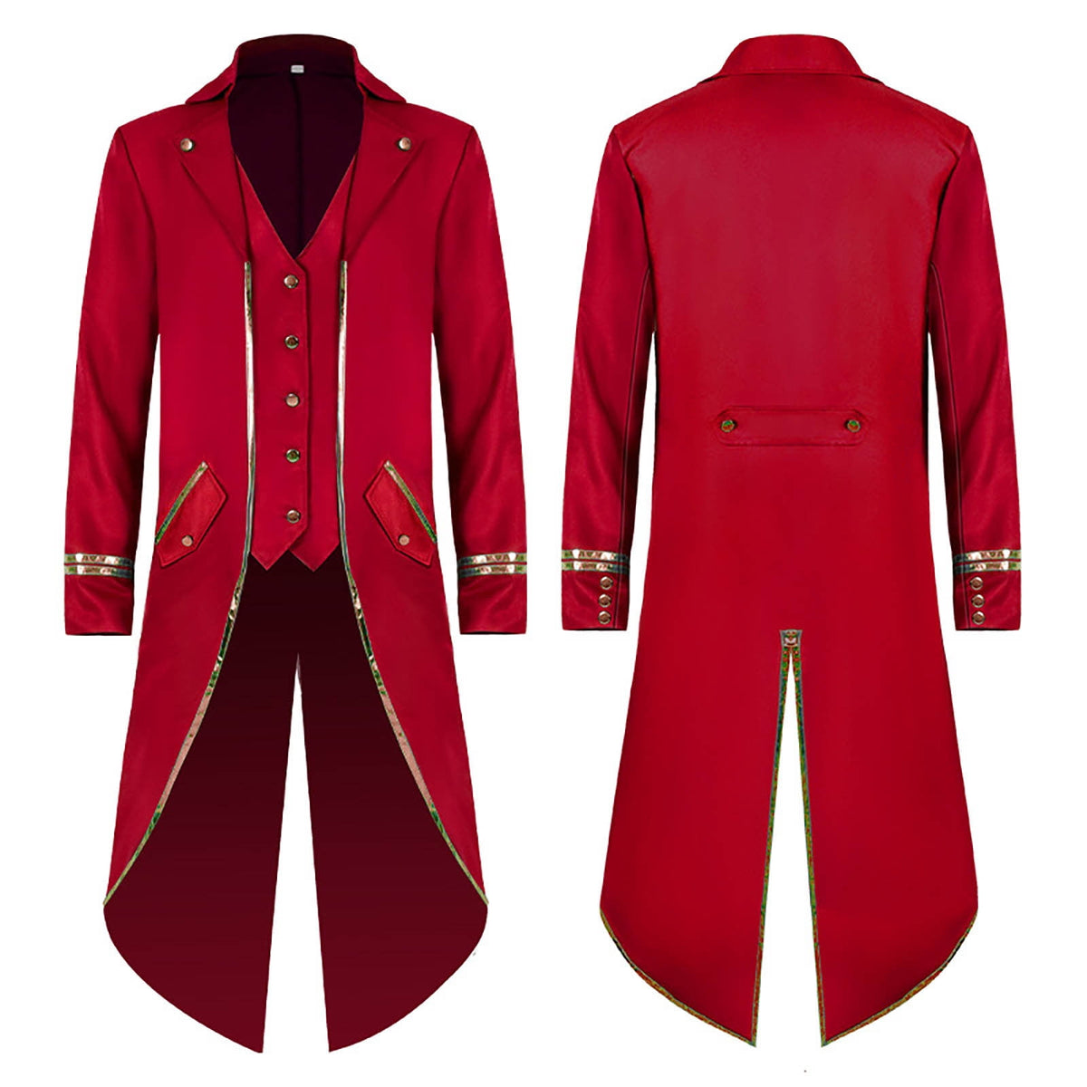 KeShDi Tuxedo Medieval Vintage Steampunk Gold Trimmed Gothic Retro Punk Style Steampunk Tailcoat Renaissance Pirate Warlock Frock Coat Halloween Men Costume Mid Length Tuxedo Costume Red L