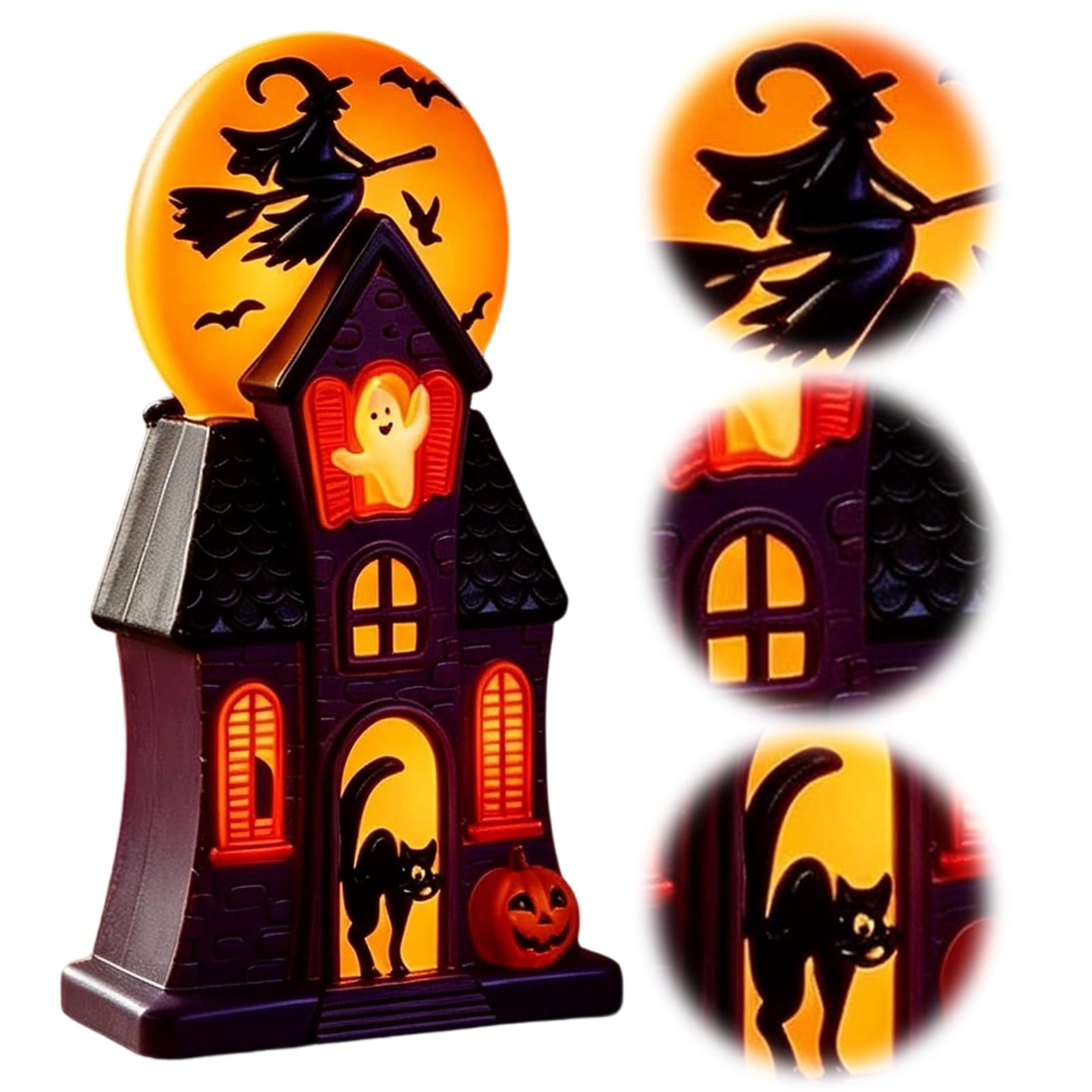 HAHUT Halloween House Blow Mold Light, Resin Pre-Lit Spooky Mansion with Glowing Witch Moon, Ghost & Black Cat for Halloween Party Tabletop Decor (Purple)