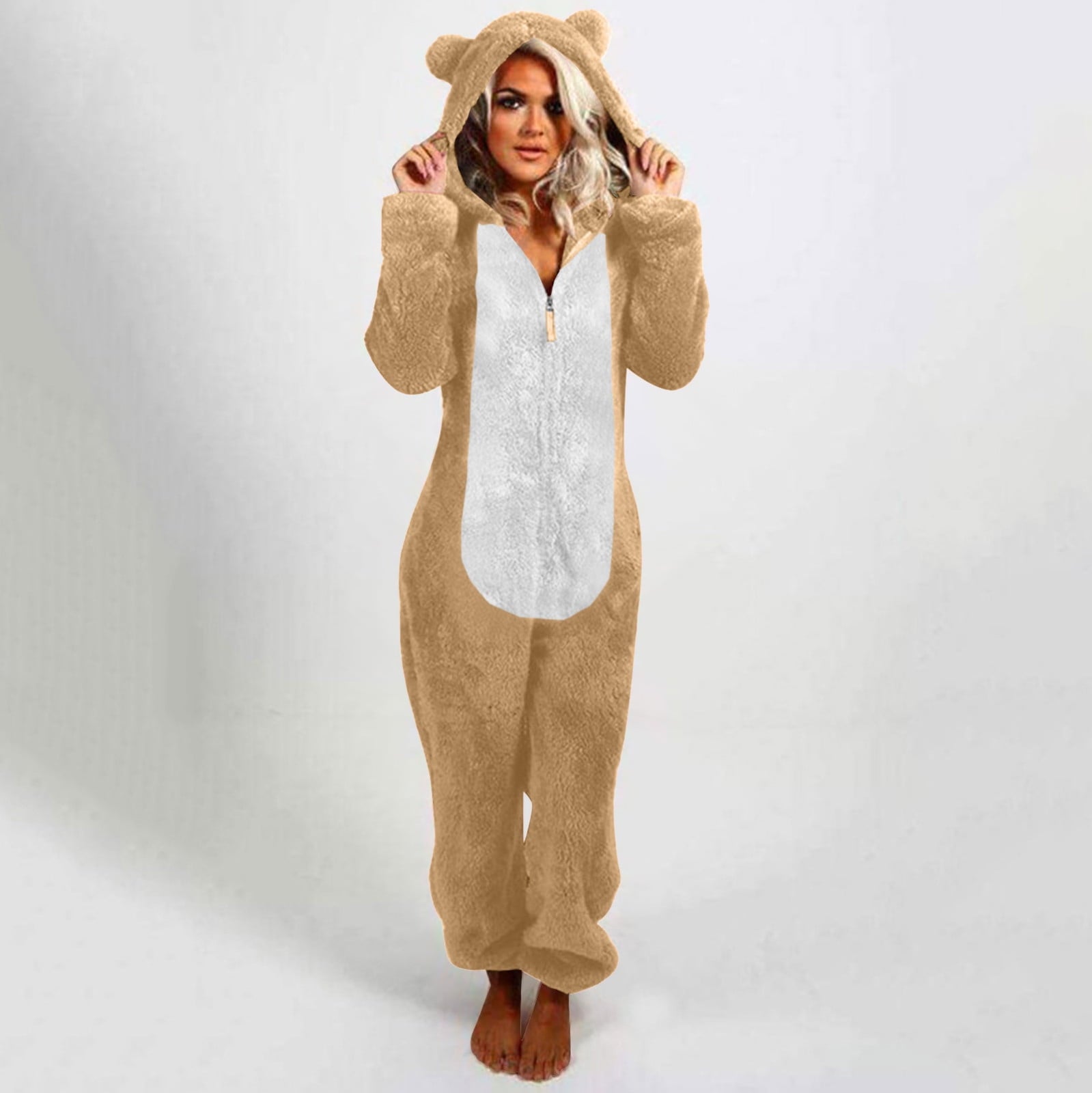 QATAINLAV Sherpa Fleece Jumpsuit for Women Winter Warm Fuzzy Onesie Pajamas Cute Cat Hooded Romper Casual Zip Up Overalls Sleepwear Black XL
