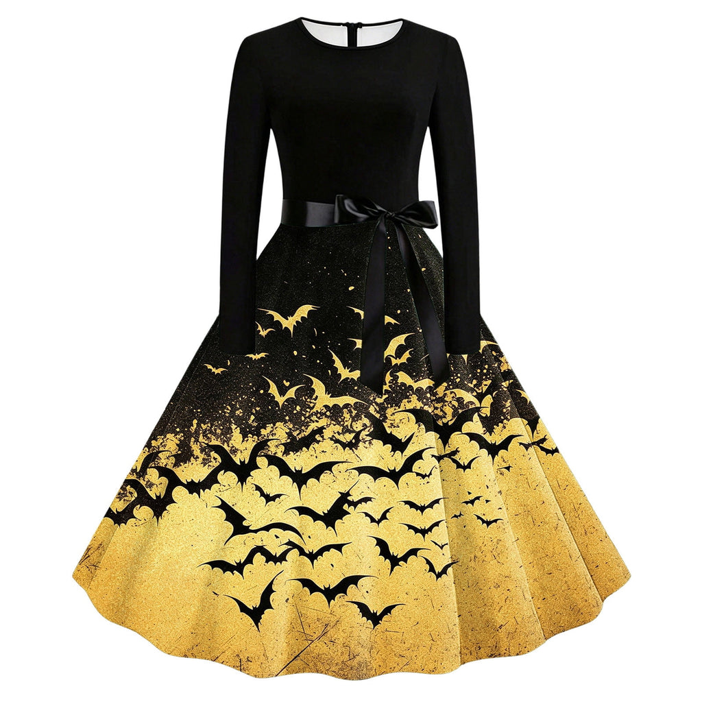 Women's Vintage Halloween Bat Print Swing Dress Long Sleeve 1950s Retro A-Line Midi Dresses with Satin Sash Belt for Gothic Cosplay Evening Prom Party