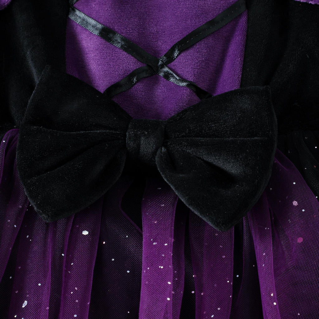 WIBACKER 1-6T Toddler Girls Witch Costume Kids Halloween Party Cosplay Ball Gown Tulle Dress with Plush Hooded Cape Shawl Set