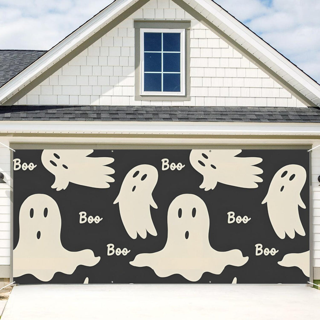 Halloween Garage Door Cover - 13x6ft Spooky Ghost Pumpkin Skull Witch Black Cat Polyester Backdrop for Outdoor Decor