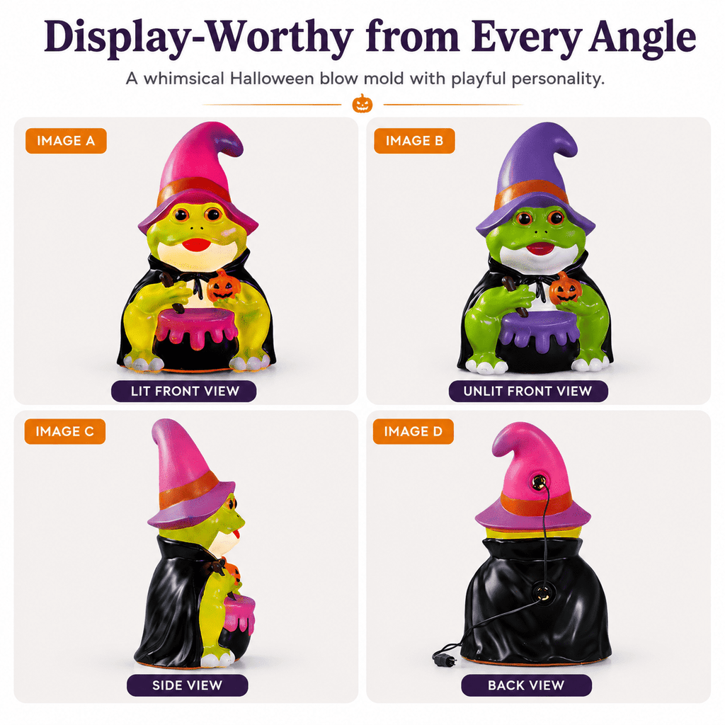 QLUEWX Halloween Witch Frog Blow Mold, Green Witch Hat Frog Figure with Lighted Blow Mold Style, Light Up Frog Statue for Porch Yard Haunted House Indoor Outdoor Home Halloween Decoration