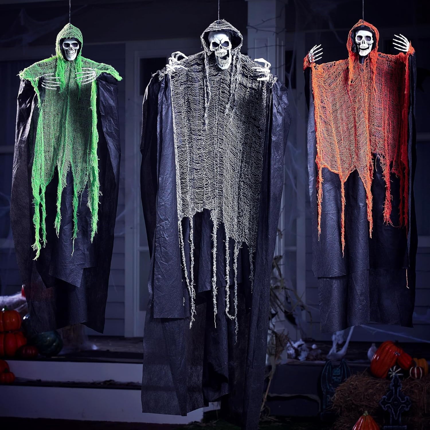 Joyfy 3 Pack Halloween Hanging Ghosts,Scary Skeleton Ghosts Grim Reapers Decorations for Halloween Indoor Outdoor Yard Home Decorations