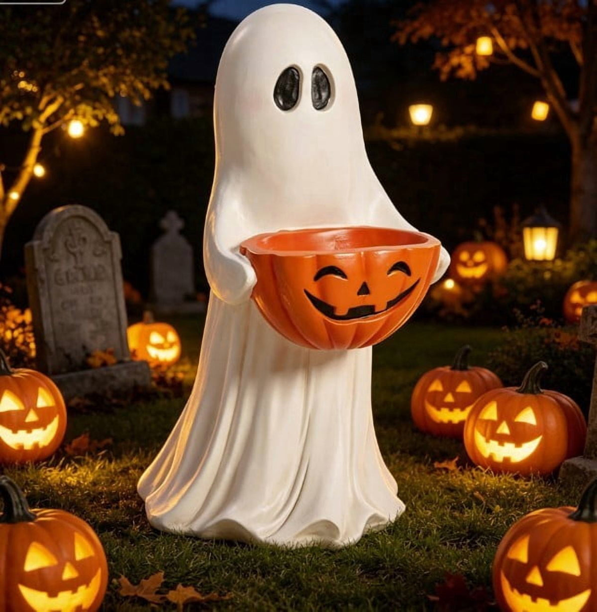 Outdoor Safe Halloween Ghost Figurine With Pumpkin Candy Bowl, Front Porch and Yard Statue, Indoor Outdoor Decorative Ghost for Treats and Decor