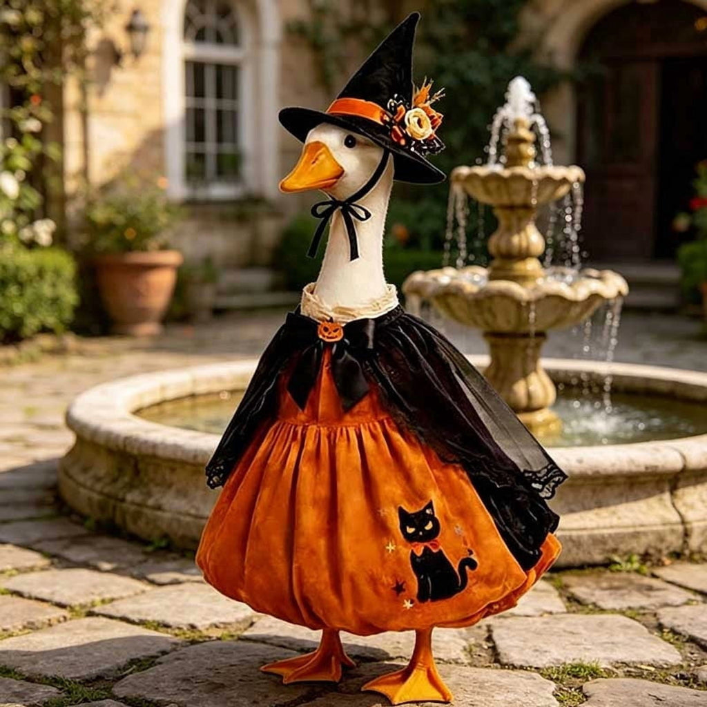 Thanksgiving Harvest Outfit for 23" Porch Goose, Goose Fall Theme Dress in White&Orange with Headwear Fall Harvest Decor for 23" Goose Outdoor Patio Yard Lawn Decoration