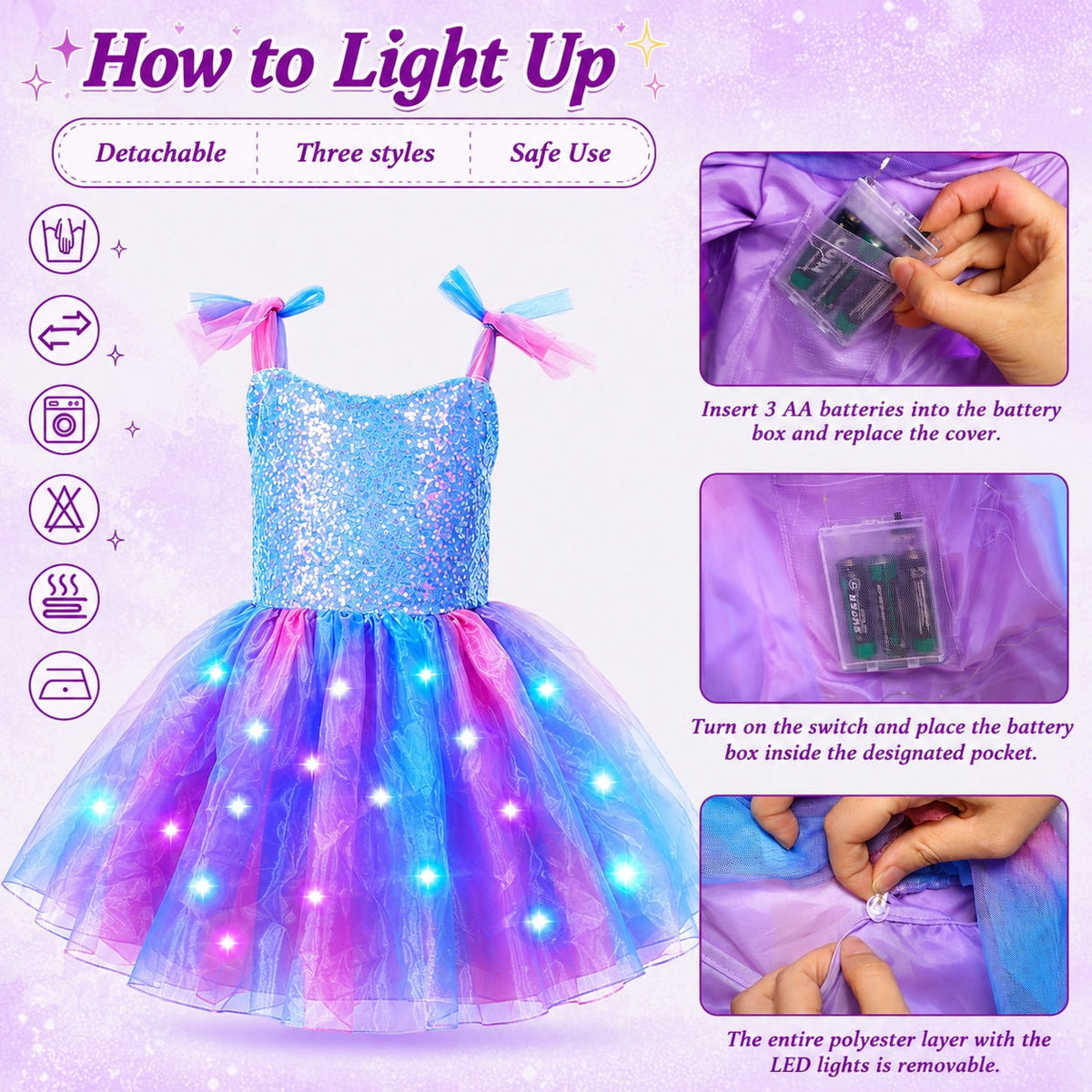 WonderStone Princess Dress for Girls, Fairy Costume Dress-Up with Luxury Accessories, Purple Tutu Outfit for Birthday Parties, Kids & Toddlers Ages 5-6