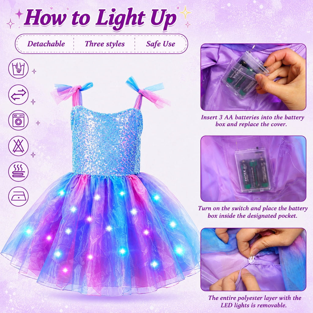 WonderStone Princess Dress for Girls, Light-Up Fairy Costume Dress-Up with Luxury Accessories, Purple Tutu Outfit for Birthday Parties, Kids & Toddlers Ages 5-6