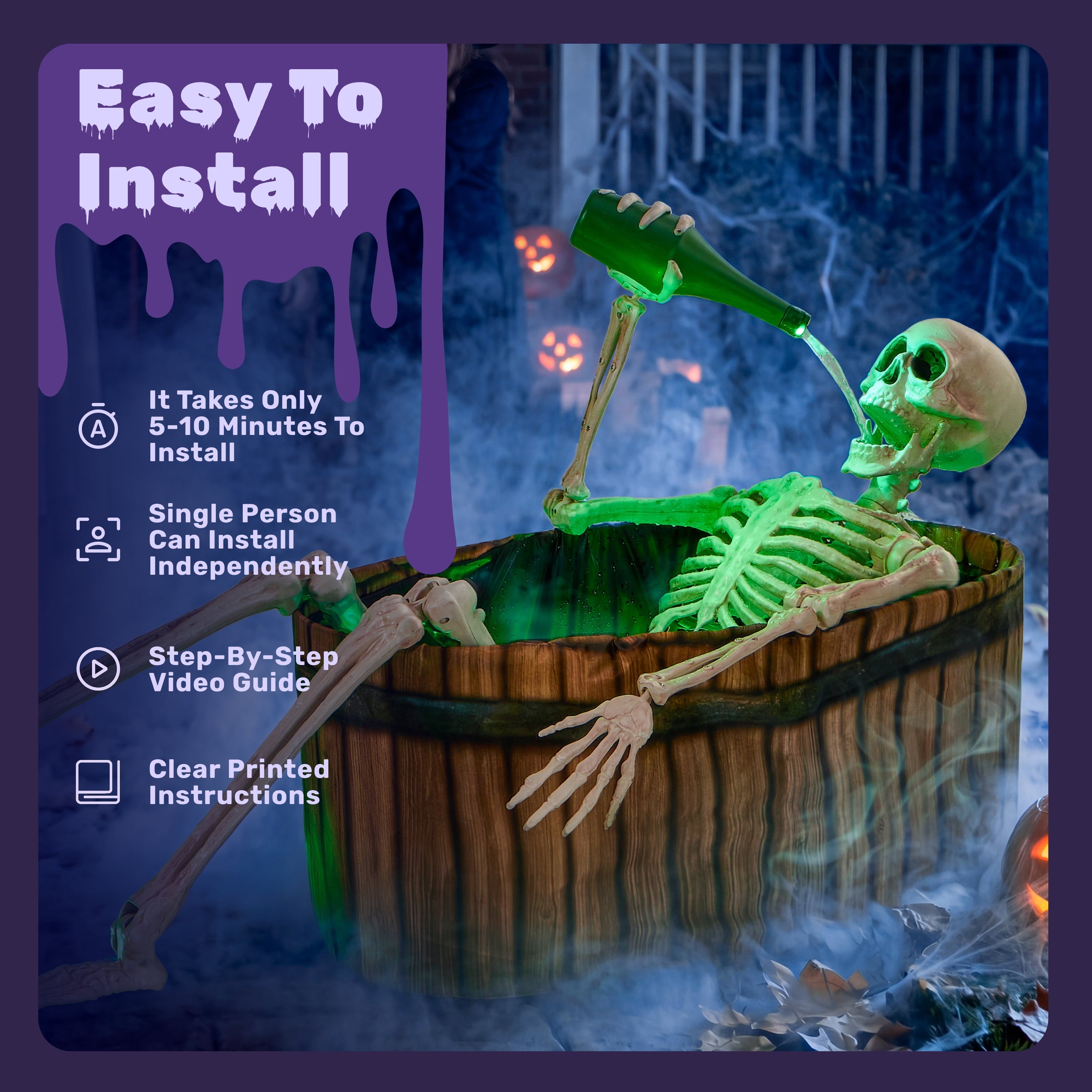 Joyfy 5ft Drinking Skeleton Halloween Animatronic Decorations, Outdoor Haunted Props with Endless Liquid Pouring Effect, Green LED Lights & Spooky Sounds, Life-Size Skeleton for Garden Yard Lawn