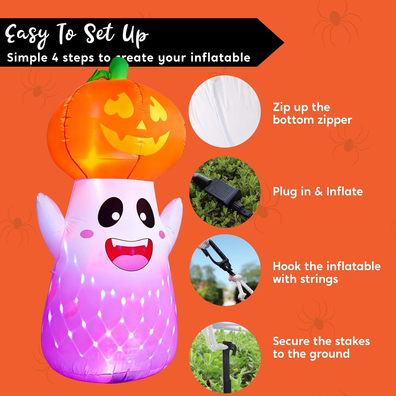 Joyfy 5Ft Halloween Inflatable Pumpkin Ghost with Colorful LED Lights,Halloween Blow Up Cute Decor for Indoor Outdoor Holiday Yard Decoration