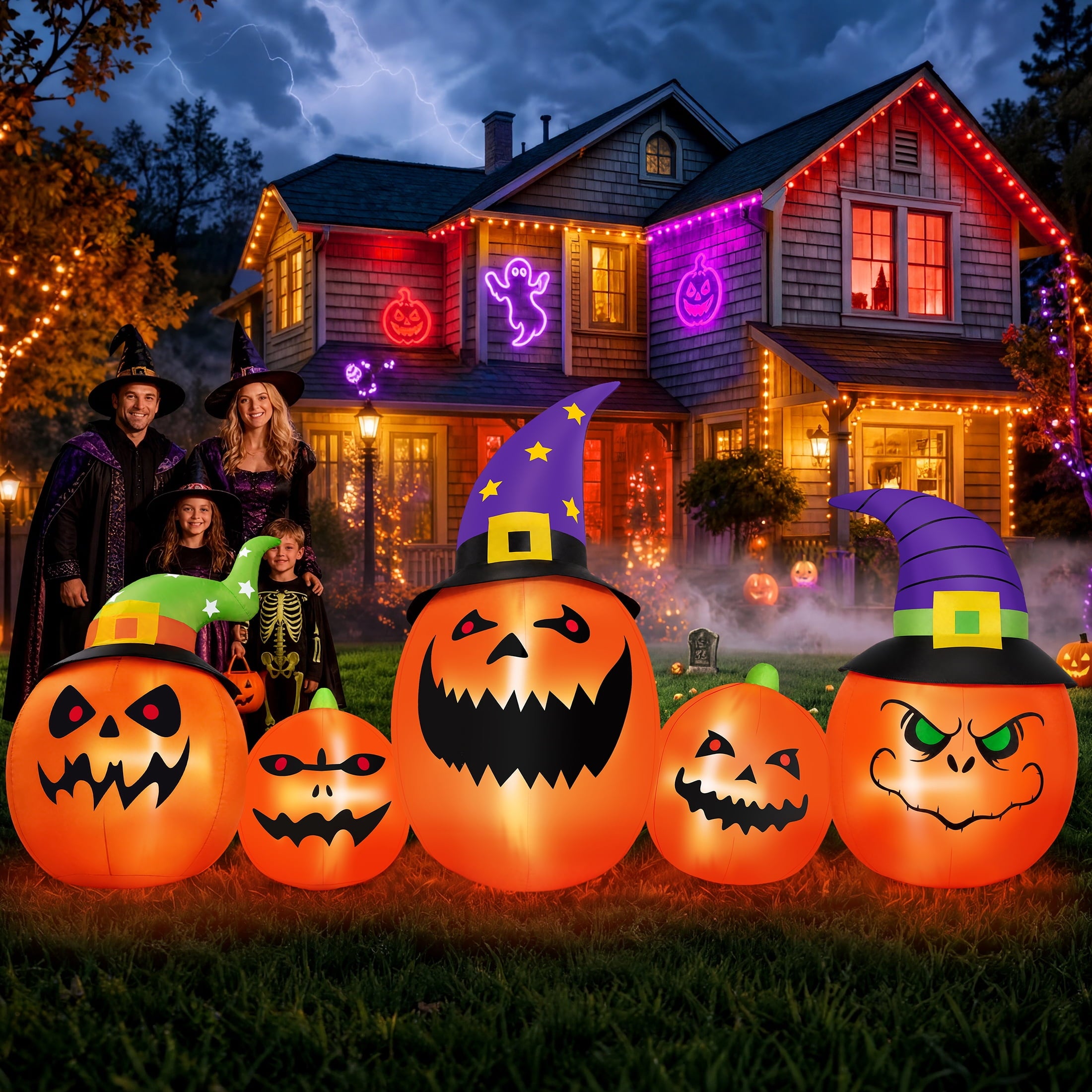 Firstness 8FT Halloween Inflatable Pumpkins Blow ups Outdoor Decorations, Five Pumpkins with LED Lights for Party Yard