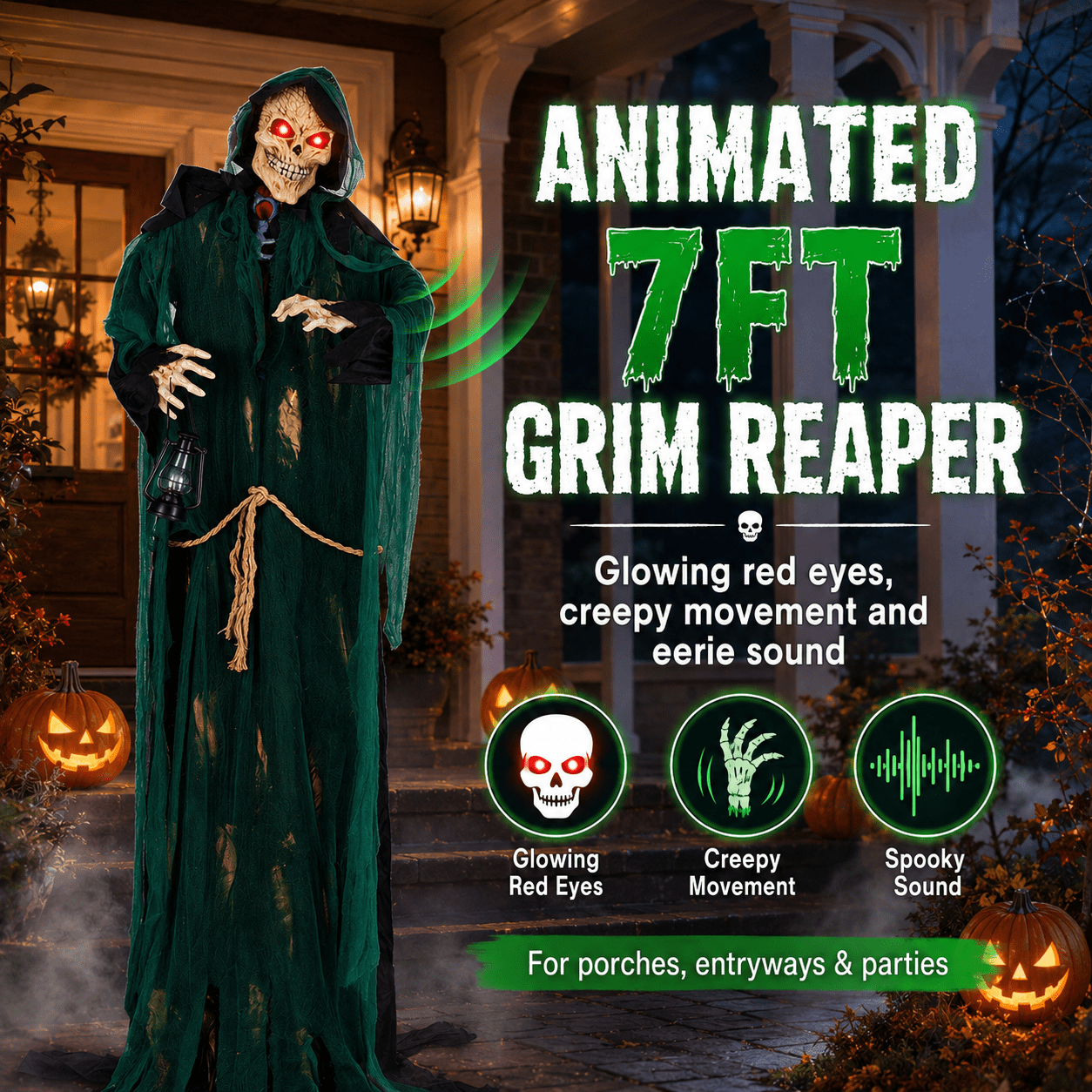 Romswi Halloween Decorations 7ft Standing Grim Reaper Animated with Light Up Eyes and Sound-Activated for Spooky Yard Garden Decor