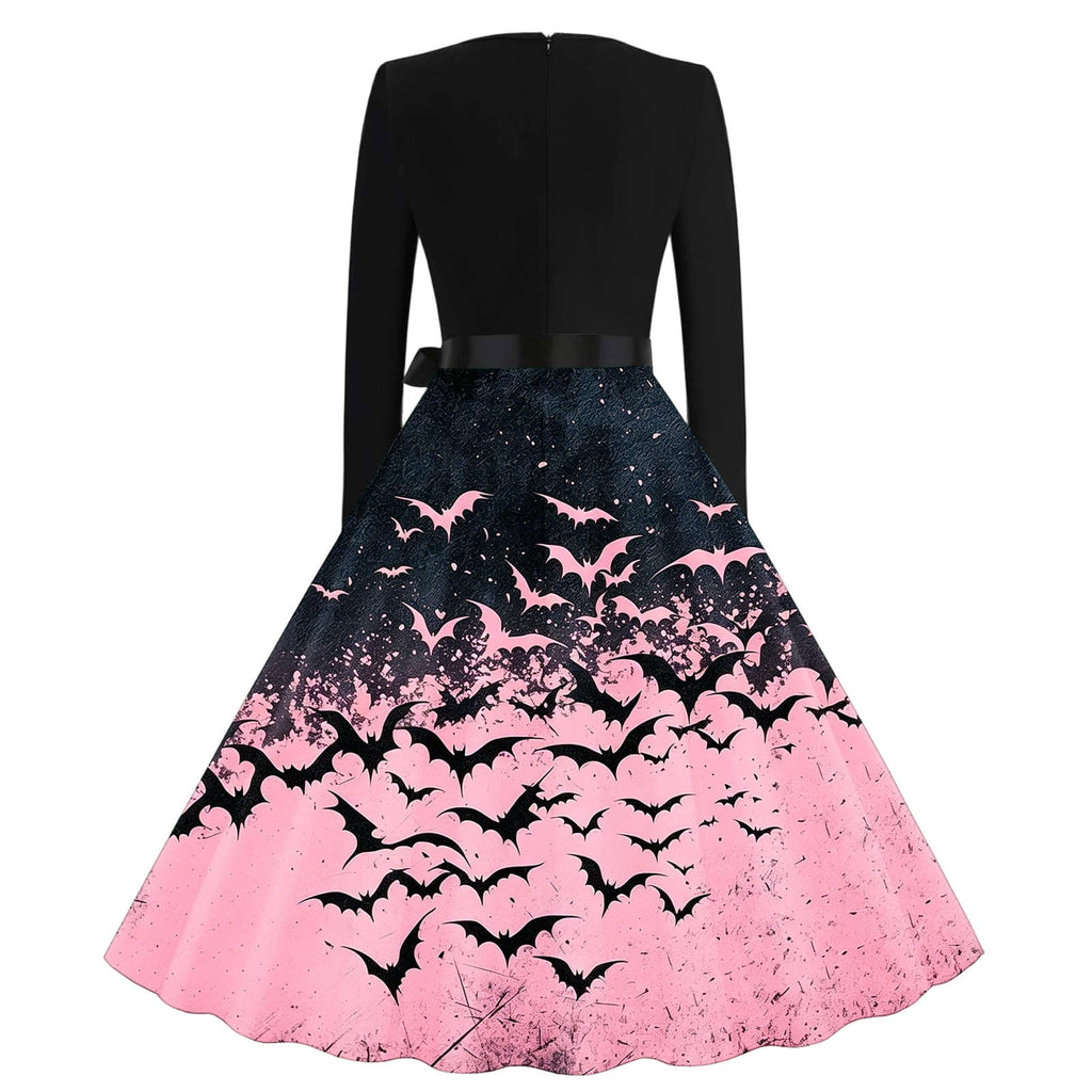 Women's Vintage Halloween Bat Print Swing Dress Long Sleeve 1950s Retro A-Line Midi Dresses with Satin Sash Belt for Gothic Cosplay Evening Prom Party