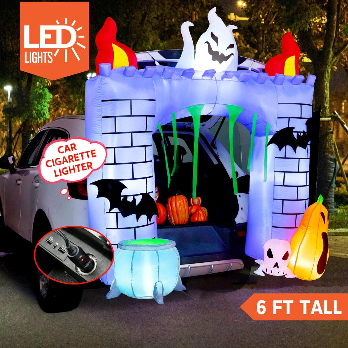 Joyfy 6 FT Halloween Inflatable Haunted Castle Decoration,Trunk or Treat Car Decorations Kit Ghost and Pumpkin with Built-in LED Light for Halloween Party Indoor,Outdoor,Yard,Garden Decor