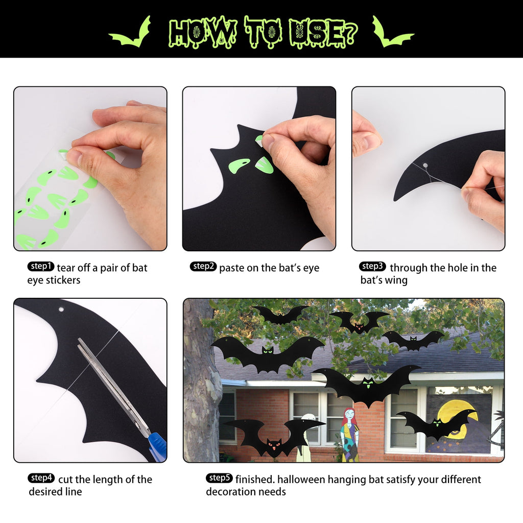 HiberyHom 24 Pack Hanging Bats Halloween Decorations Outdoor, Waterproof Black Plastic Bats 3 Different Sizes with Glowing Eyes Stickers, Bat Decorations Perfect for Halloween Hanging Tree Decor