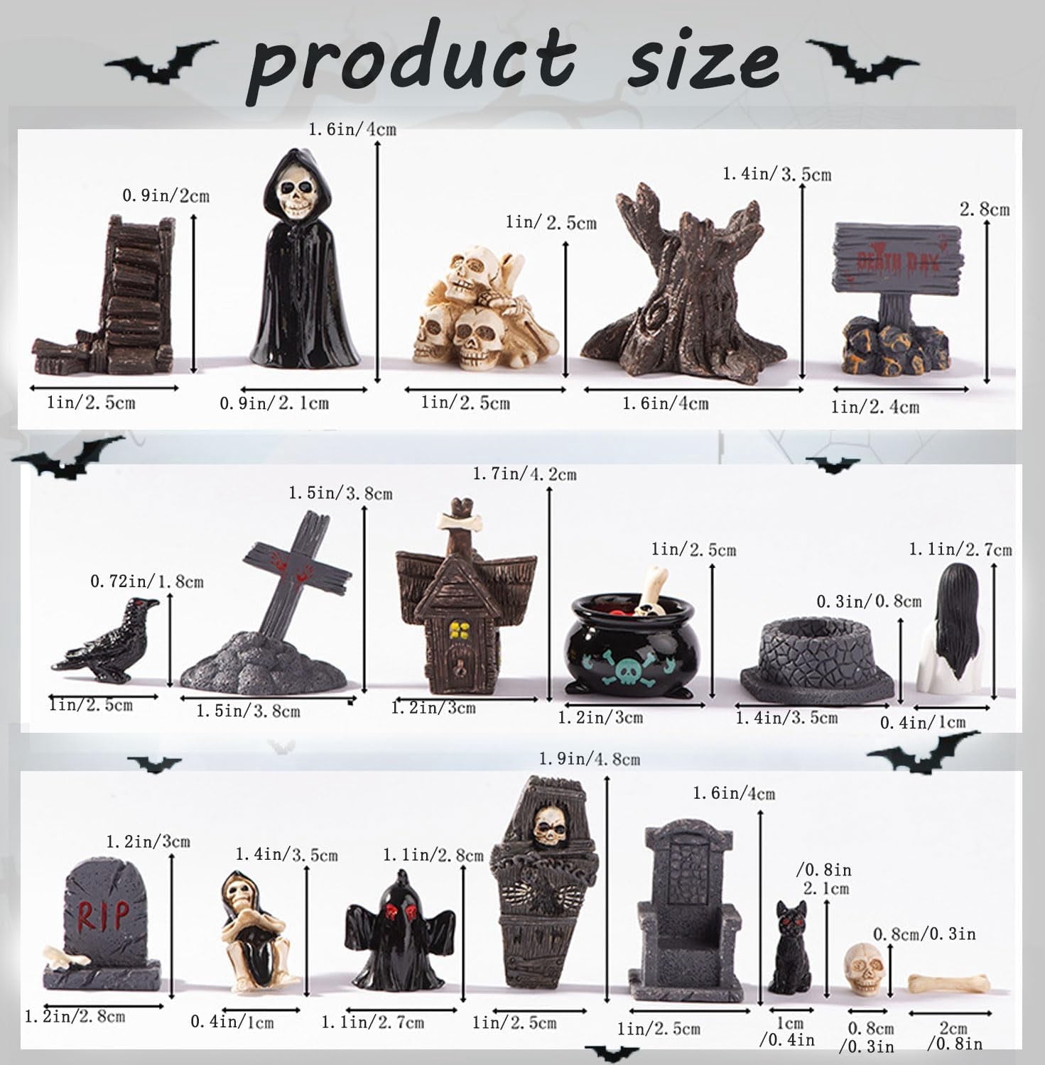 19pcs Halloween Mini Figurines, Creative Miniature Skull Heads Crow Tombstone Scene Ornaments Set, Halloween Village Collections Resin Crafts for Halloween Party Favors Tabletop Decor