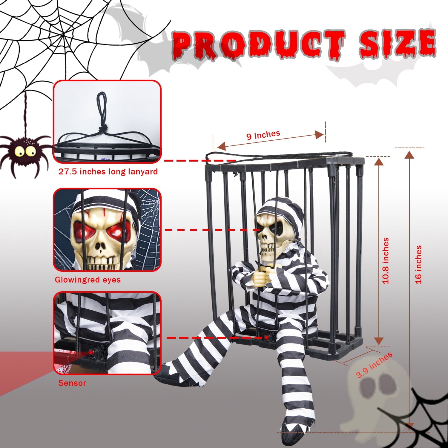 Magotan Screaming Animated Halloween Decorations, Outdoor Indoor Hanging Spooky Halloween Decoration, Scary Skull Cage with Motion Sensor