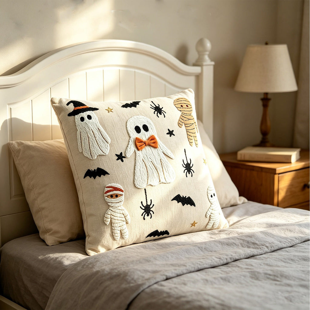 Yeciiwht Halloween Throw Pillow Cover – 18*18inch Embroidered Linen Cushion Case with Ghost, Mummy & Bat Designs, Invisible Zipper, Machine Washable