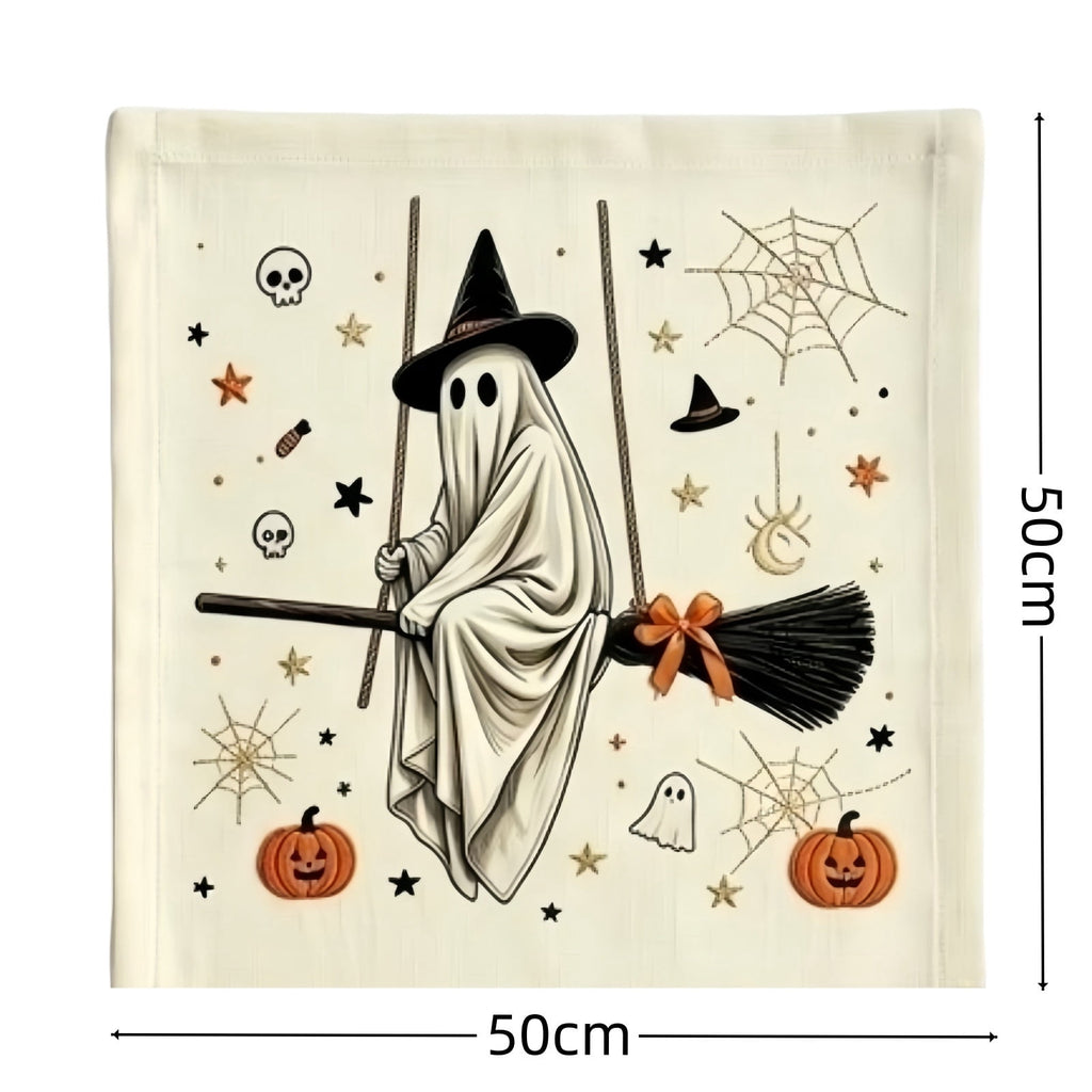 Halloween Ghost Reading Book Throw Pillow Cover, Spooky Library Bookshelf Skull Candlestick Decorative Pillowcase, Retro Halloween Cushion Cover