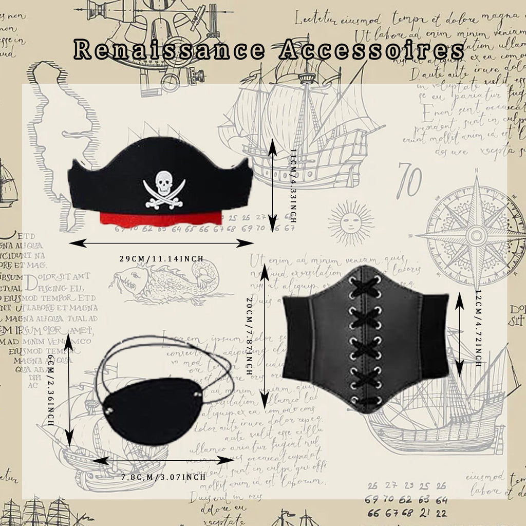 HNKMDK Adult Pirate Costumes for Women Halloween Queen Costumes Renaissance Shirts Pirate Skirts Turbans Waistbands Eye Masks(White,L)
