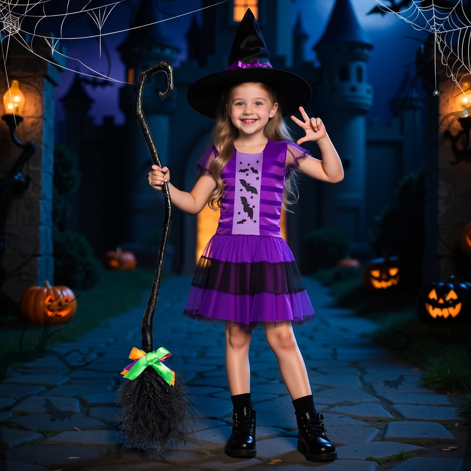 MAVOLIO Witch Costume Set with Hat for Girls, Halloween Dress‑up Outfit, Role‑Play Cosplay Costume for Toddler Kids 3‑12(m)