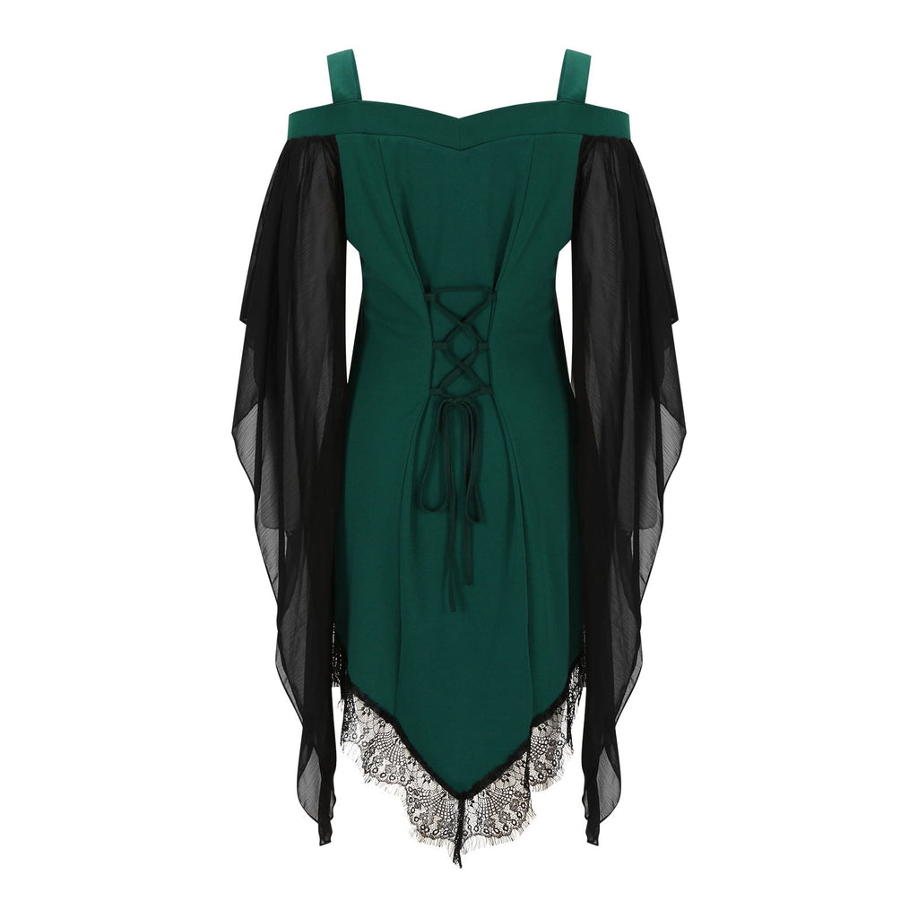 Gothic Lace Up Dress for Women Off-Shoulder Vintage Dresses Bell Sleeve Steampunk Medieval Costume Cosplay Halloween Dresses
