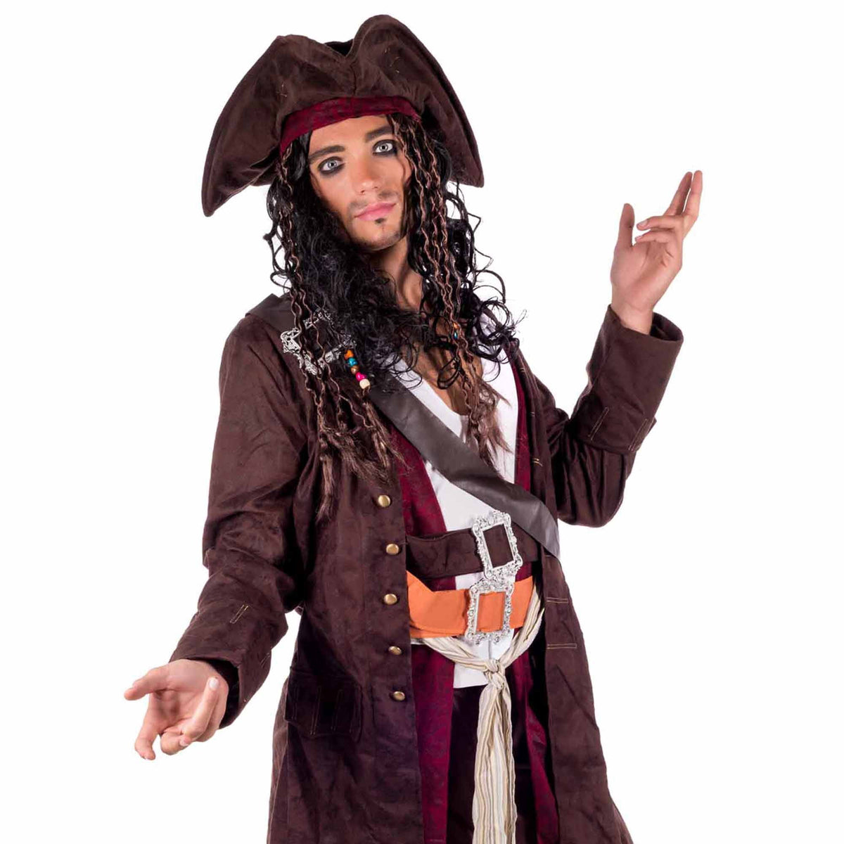 Fun Shack Mens Caribbean Pirate Captain Costume Hat Wig Movie TV Fancy Dress Theme Party Brown L