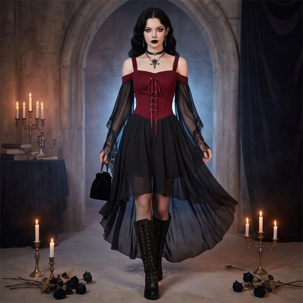 Witch Dress Women 2026 Halloween Costumes Woman Adults Medieval Vampire Butterfly Sleeve Mesh Gothic Outfits Red S
