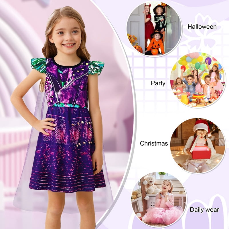 Benylion Girls Ice Princess Dress Halloween Cosplay Costumes With Tulle Cape Kids Birthday Party Dress up Outfit for 7-8 Years