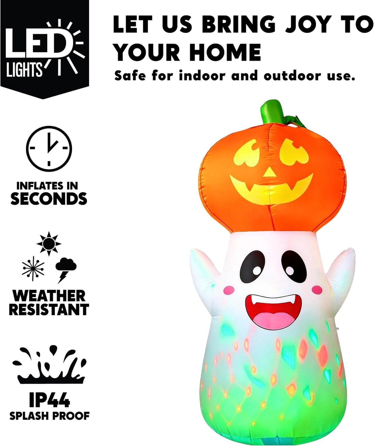Joyfy 5Ft Halloween Inflatable Pumpkin Ghost with Colorful LED Lights,Halloween Blow Up Cute Decor for Indoor Outdoor Holiday Yard Decoration