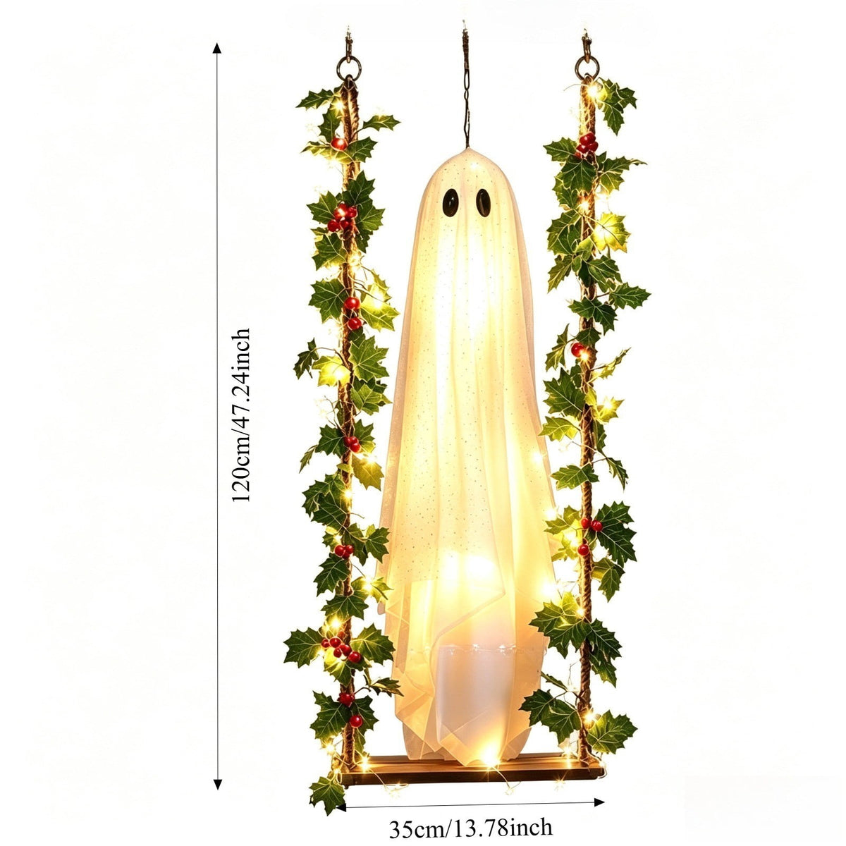 Clearance! Lighted Swing Ghost with Wooden Board, 45" Halloween Decorations Outdoor, Spooky Cute Ghosts Decorations for Front Porch Yard Tree