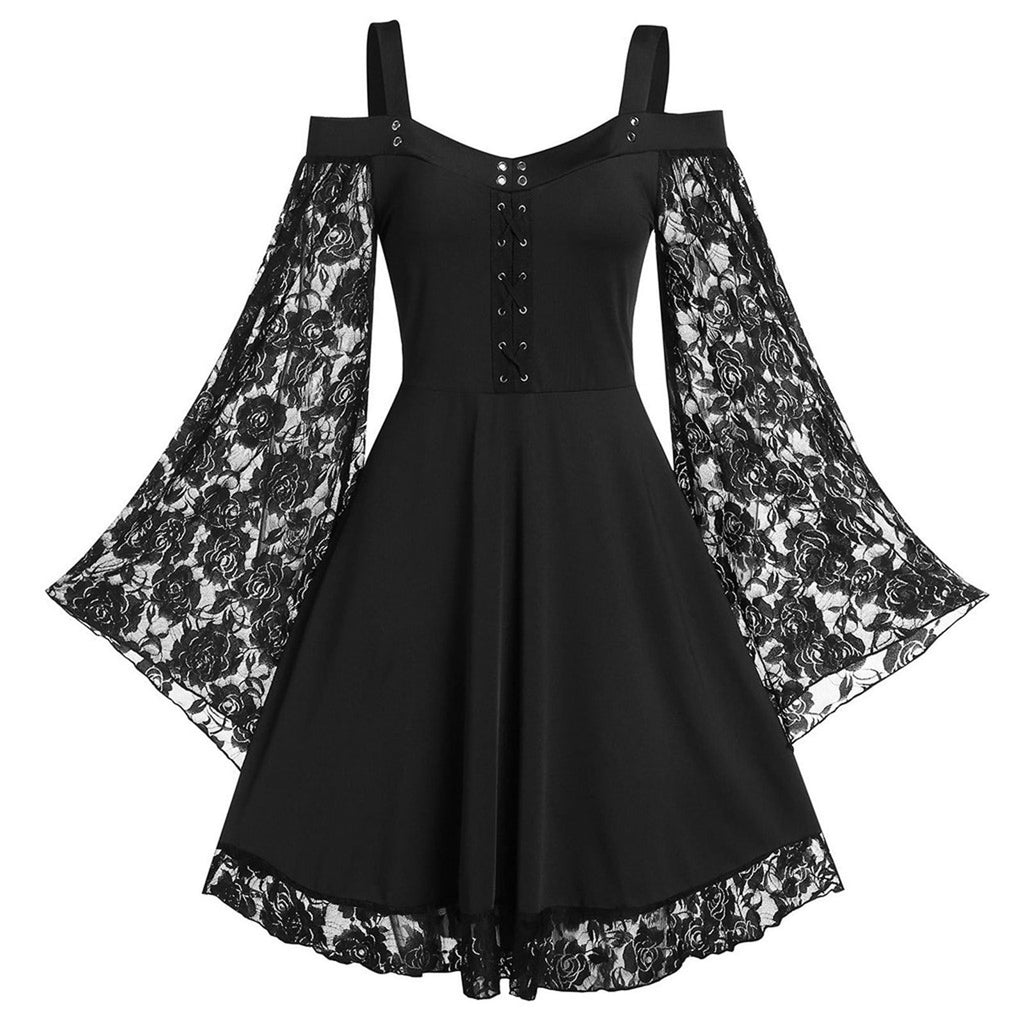 LYXSSBYX Halloween Costume for Women Cosplay Costumes Women Patchwork Skull Lace Splicing Long Sleeve Vintage Party Dark Gothic Dress