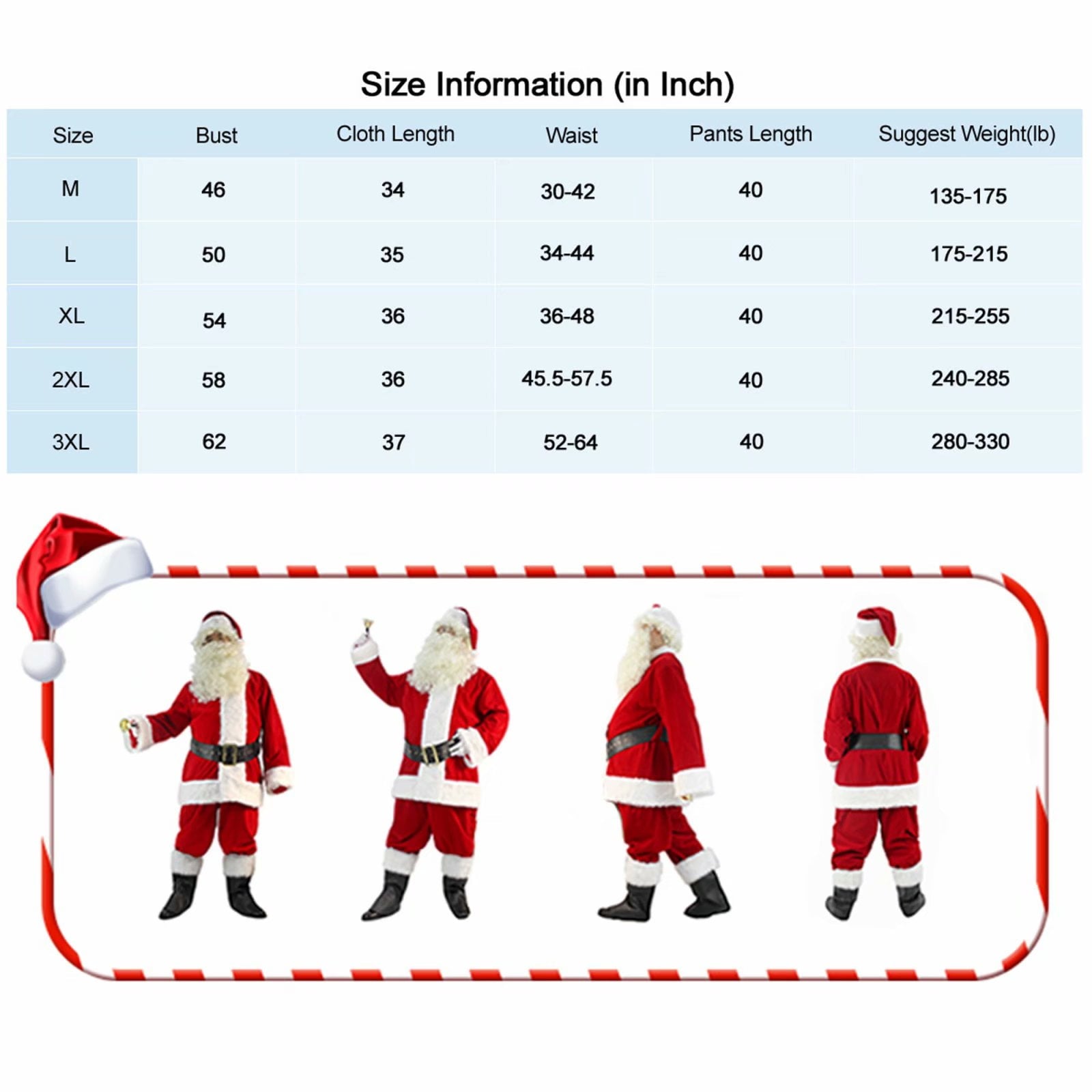 Men's Santa Claus Costume 11PCS. Christmas Velvet Adult Deluxe Santa Suit -3XL