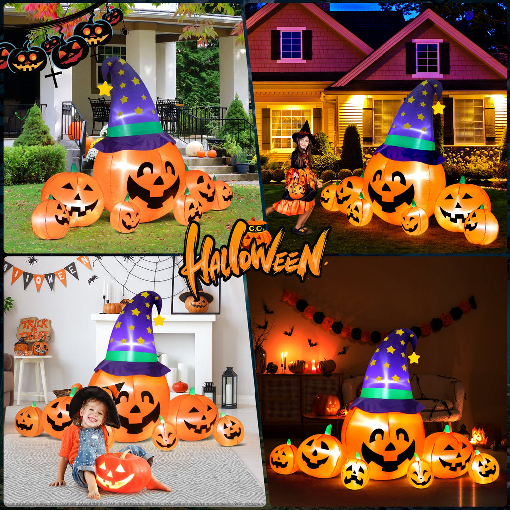 Yexmas 8.7ft Halloween Inflatables Pumpkins 7 Blow Up Decor with Witches Hat, Built-in LED Lights for Halloween Party, Yard, Garden, Lawn