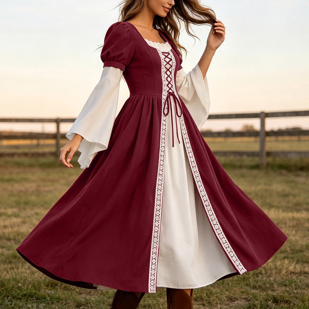 Hurxie Renaissance Costume Women Peasant Medieval Dress Maxi Fairy Dresses with Bell Sleeve Vintage Ren Faire Outfit