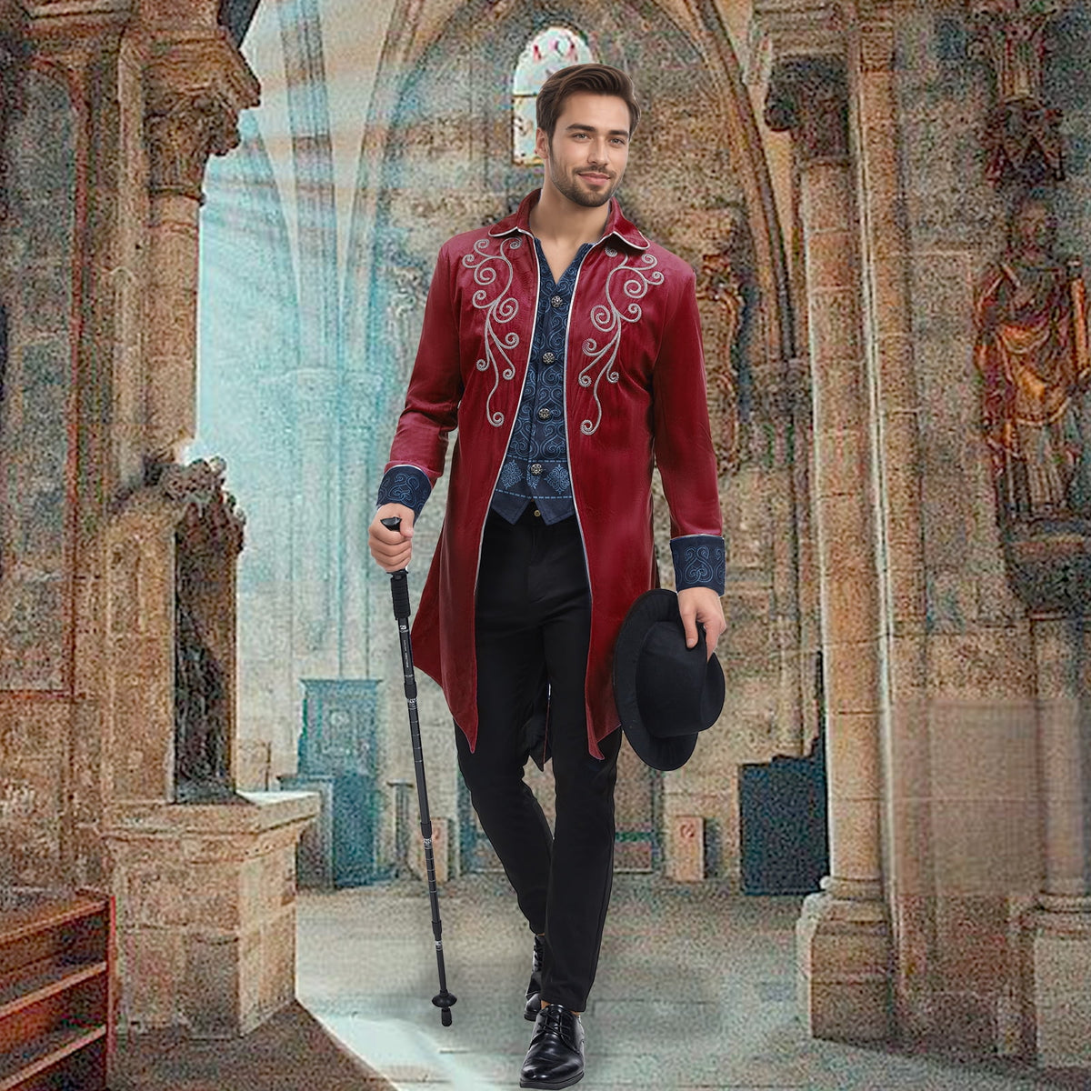 GYQMBT Men Medieval Steampunk Tailcoat Jacket Gothic Victorian Frock Coat Uniform Halloween Party Cosplay Gentleman Costumes, Blue, XL