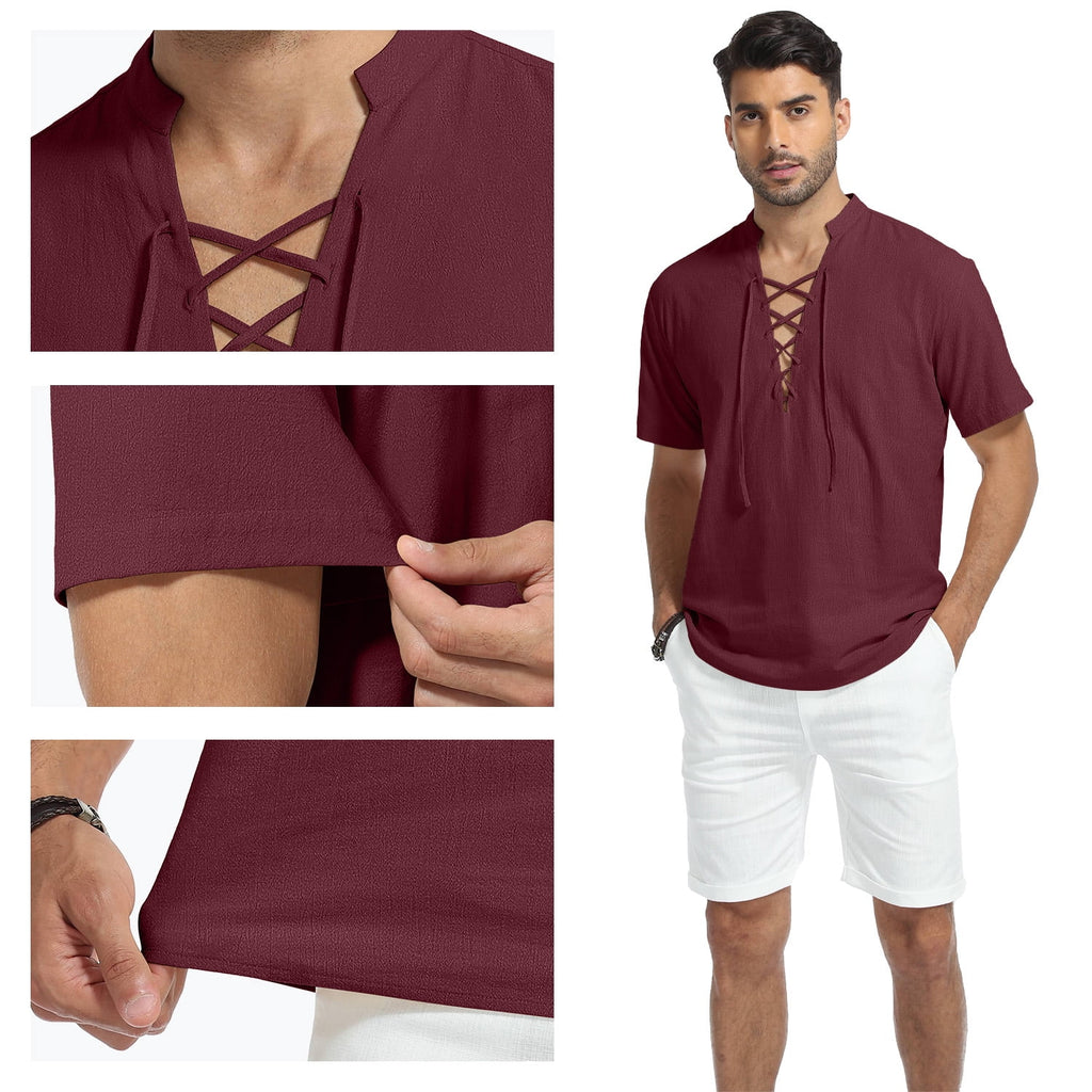 HAOMEILI Men's Cotton Linen Lace-Up V-Neck Short Sleeve Shirt