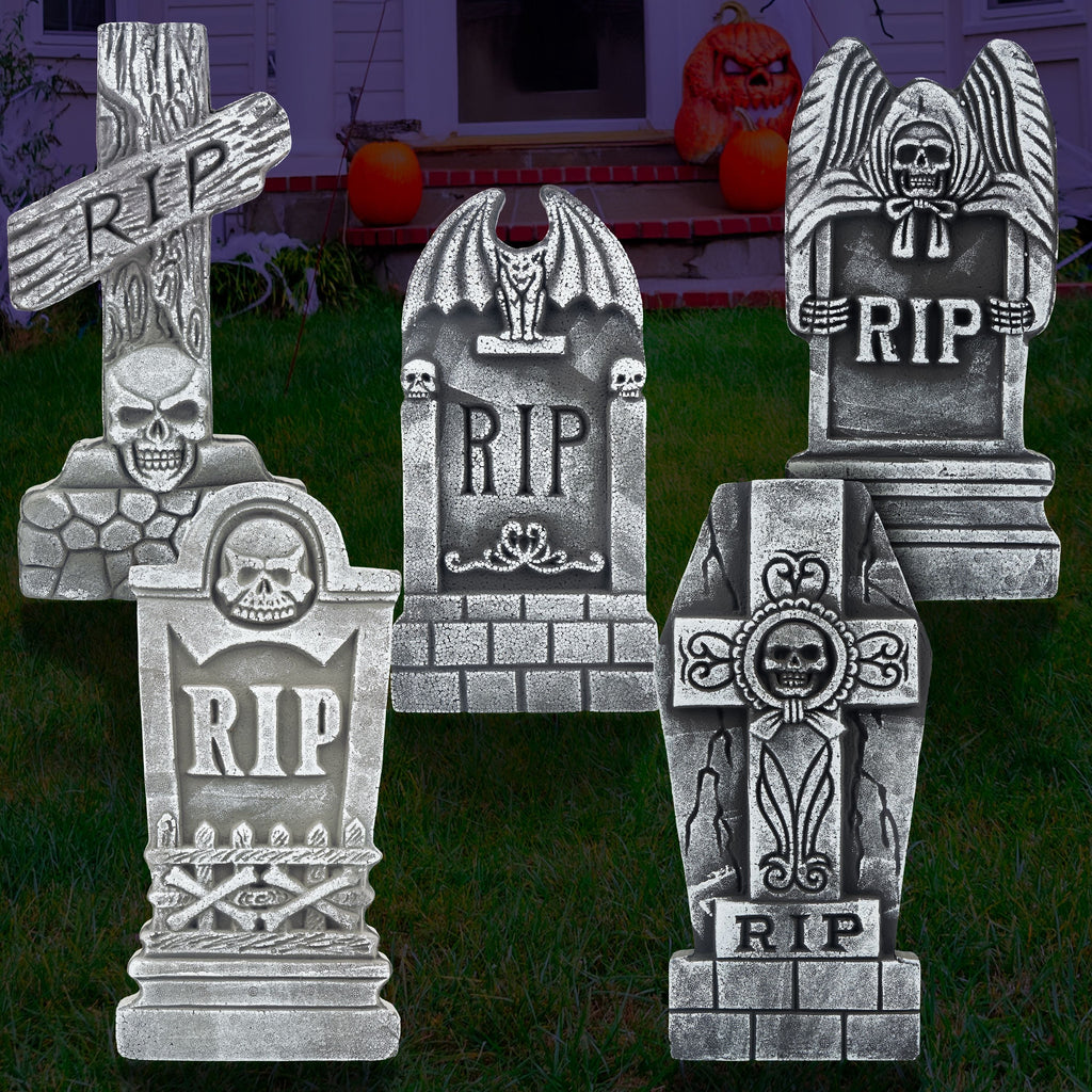 Joyfy 17" Halloween 5 Pack Tombstone Decorations, Foam RIP Graveyard Signs Cemetery Headstones Scary Outdoor Indoor Halloween Decor with 12 Metal Stakes for Easy Set Up, Waterproof for Garden Lawn