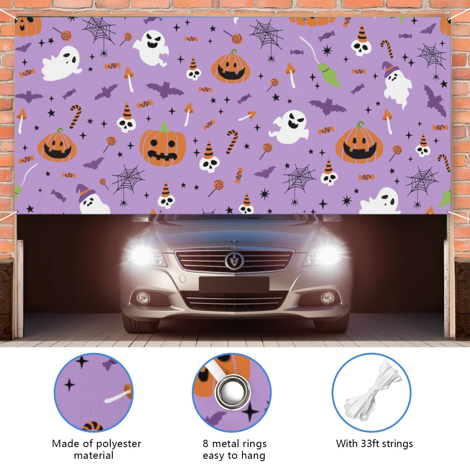 Halloween Garage Door Cover - 13x6ft Spooky Ghost Pumpkin Skull Witch Black Cat Polyester Backdrop for Outdoor Decor