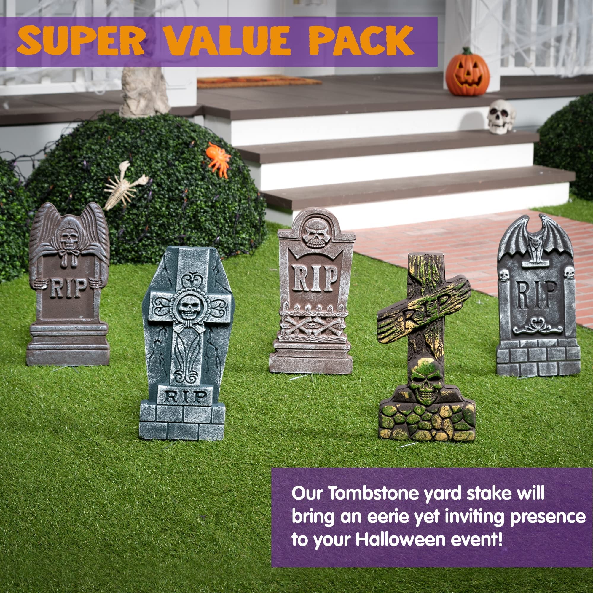 Joyfy 17" Halloween 5 Pack Tombstone Decorations, Foam RIP Graveyard Signs Cemetery Headstones Scary Outdoor Indoor Halloween Decor with 12 Metal Stakes for Easy Set Up, Waterproof for Garden Lawn