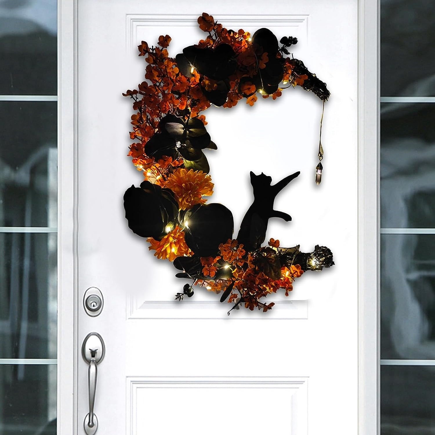 Wiher Halloween Wreaths with Lights for Front Door, 13.77" Halloween Moon Wreath with Black Cat Wood Wreath Halloween Wreath Horror Decorations for Home Party Window Wall Indoor Outdoor C