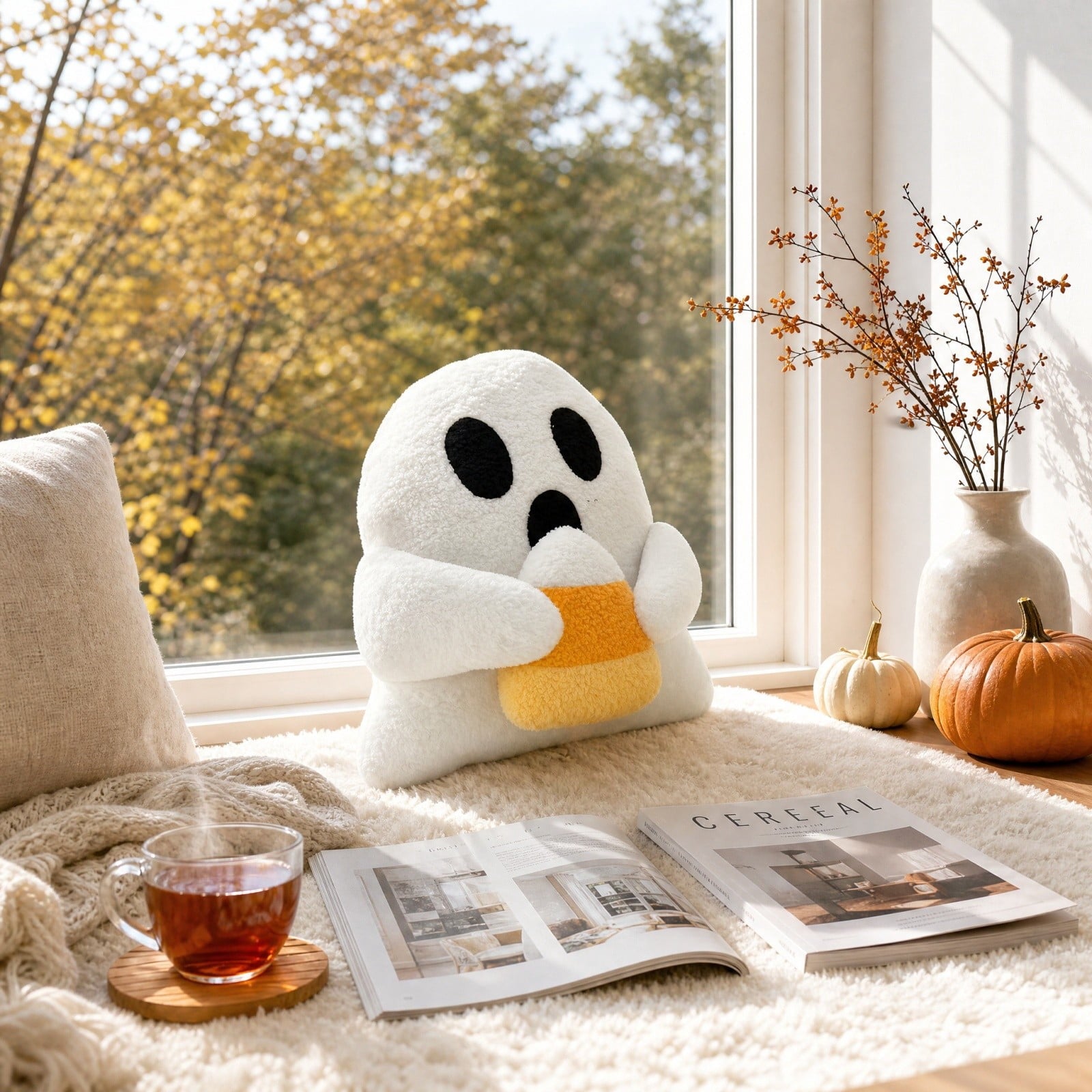 Halloween Ghost Reading Book Throw Pillow Cover, Spooky Library Bookshelf Skull Candlestick Decorative Pillowcase, Retro Halloween Cushion Cover
