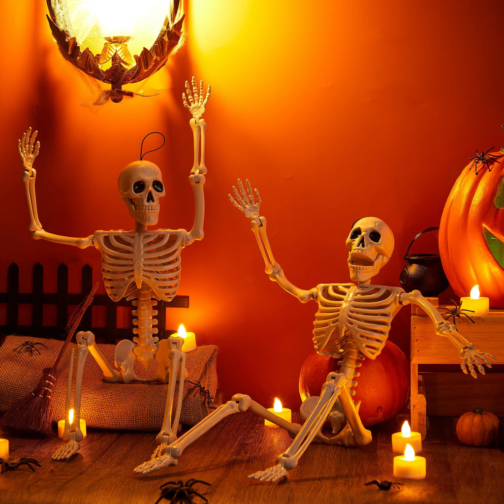 Joyfy 24 Inch Halloween Skeleton Decor with LED Light Eyes,Posable Skeleton Halloween Prop Full Body with Movable Joints for Haunted House Indoor Outdoor Decoration Spooky Decor