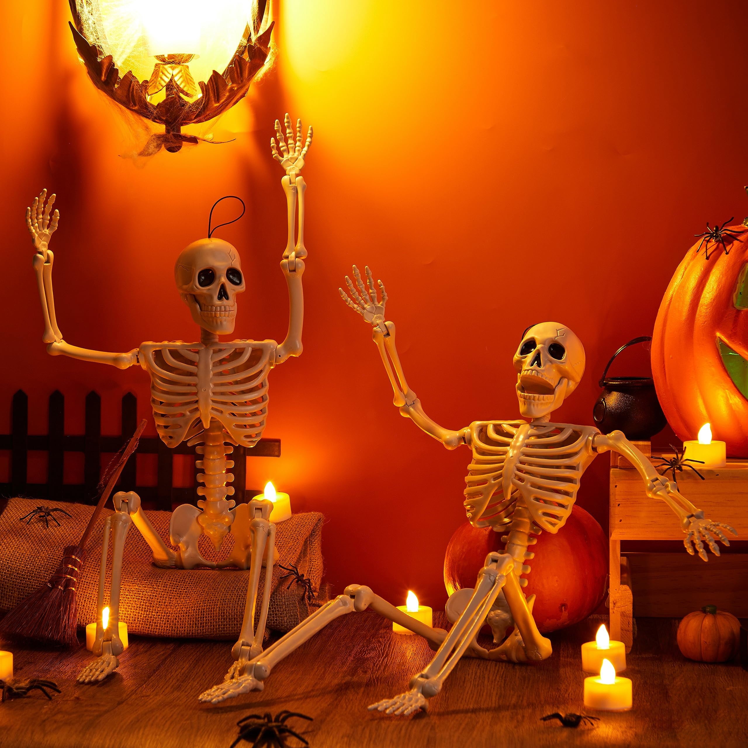Joyfy 24 Inch Halloween Skeleton Decor with LED Light Eyes,Posable Skeleton Halloween Prop Full Body with Movable Joints for Haunted House Indoor Outdoor Decoration Spooky Decor